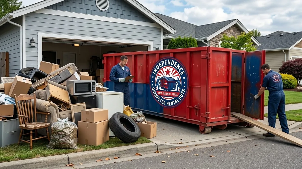Independence Dumpster Rental Guys crew beside a branded roll-off truck