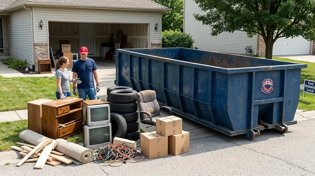 Roll-off dumpster with boards protecting an Independence driveway