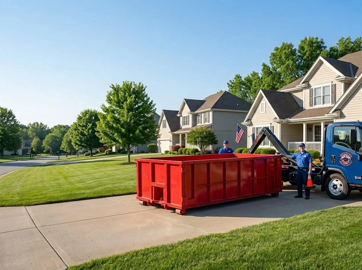 Roofing tear-off debris in a roll-off dumpster